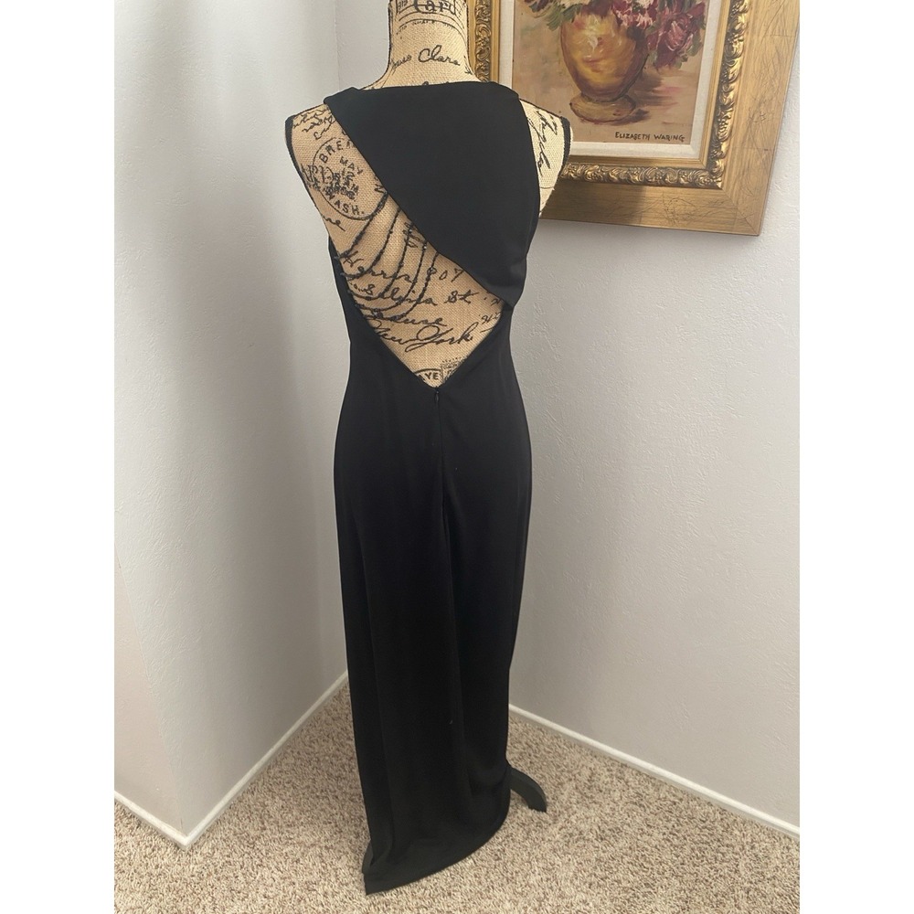 David Meister Black V-Neck Evening Gown Beaded Draped Back Maxi Dress Size 6 - Picture 2 of 6